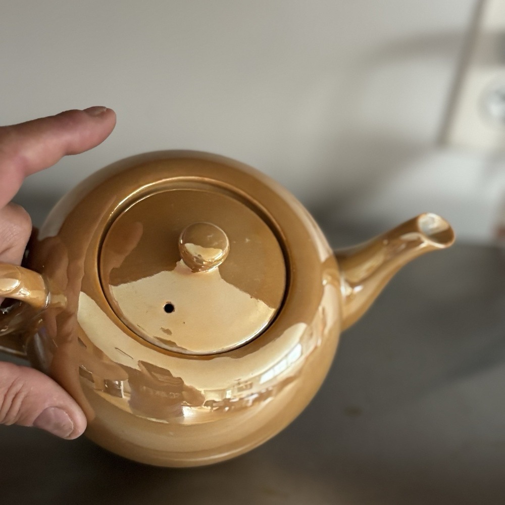 Vintage Orange Yellow Gold Luster ware Iridescent Teapot And Sugar Made In Japan - Picture 6 of 16